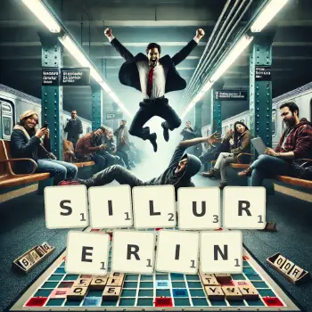 Kreative Illustration für ein Scrabble-Spiel, bei dem das Wort SILURERIN mit Steinen auf dem Brett gelegt wurde.