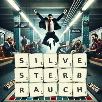 Kreative Illustration für ein Scrabble-Spiel, bei dem das Wort SILVESTERBRAUCH mit Steinen auf dem Brett gelegt wurde.
