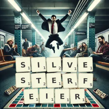 Kreative Illustration für ein Scrabble-Spiel, bei dem das Wort SILVESTERFEIER mit Steinen auf dem Brett gelegt wurde.