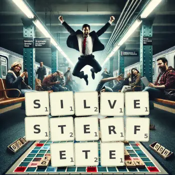 Kreative Illustration für ein Scrabble-Spiel, bei dem das Wort SILVESTERFETE mit Steinen auf dem Brett gelegt wurde.