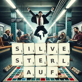 Kreative Illustration für ein Scrabble-Spiel, bei dem das Wort SILVESTERLAUF mit Steinen auf dem Brett gelegt wurde.