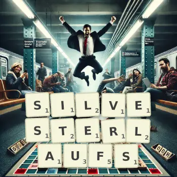 Kreative Illustration für ein Scrabble-Spiel, bei dem das Wort SILVESTERLAUFS mit Steinen auf dem Brett gelegt wurde.