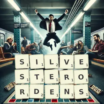 Kreative Illustration für ein Scrabble-Spiel, bei dem das Wort SILVESTERORDENS mit Steinen auf dem Brett gelegt wurde.