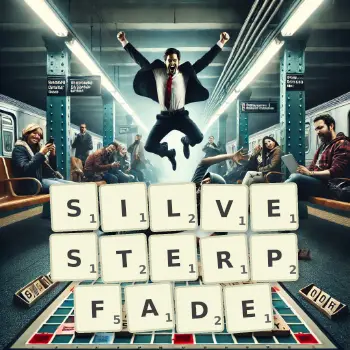 Kreative Illustration für ein Scrabble-Spiel, bei dem das Wort SILVESTERPFADE mit Steinen auf dem Brett gelegt wurde.