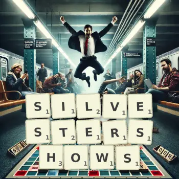 Kreative Illustration für ein Scrabble-Spiel, bei dem das Wort SILVESTERSHOWS mit Steinen auf dem Brett gelegt wurde.