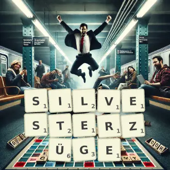 Kreative Illustration für ein Scrabble-Spiel, bei dem das Wort SILVESTERZÜGE mit Steinen auf dem Brett gelegt wurde.