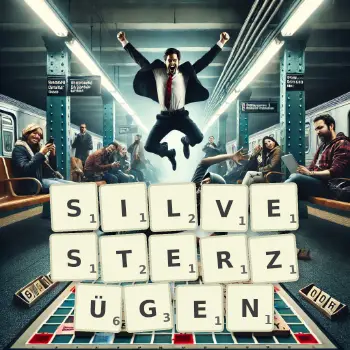 Kreative Illustration für ein Scrabble-Spiel, bei dem das Wort SILVESTERZÜGEN mit Steinen auf dem Brett gelegt wurde.