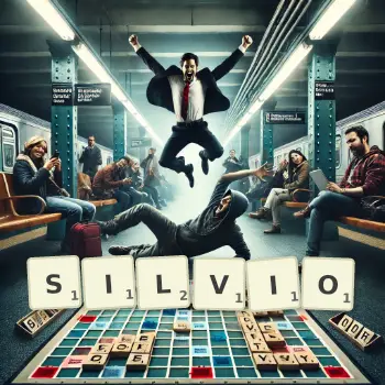 Kreative Illustration für ein Scrabble-Spiel, bei dem das Wort SILVIO mit Steinen auf dem Brett gelegt wurde.