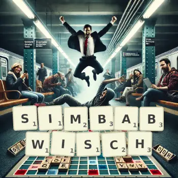 Kreative Illustration für ein Scrabble-Spiel, bei dem das Wort SIMBABWISCH mit Steinen auf dem Brett gelegt wurde.