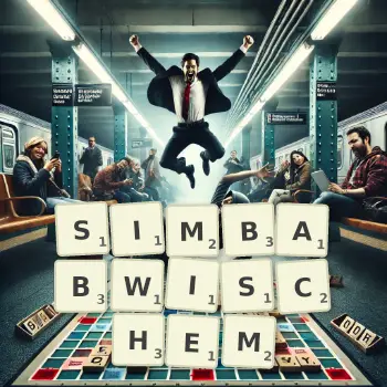 Kreative Illustration für ein Scrabble-Spiel, bei dem das Wort SIMBABWISCHEM mit Steinen auf dem Brett gelegt wurde.