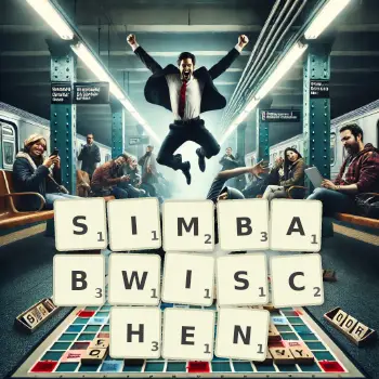 Kreative Illustration für ein Scrabble-Spiel, bei dem das Wort SIMBABWISCHEN mit Steinen auf dem Brett gelegt wurde.