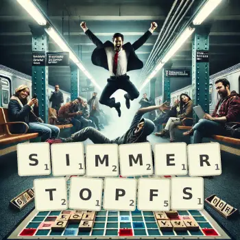 Kreative Illustration für ein Scrabble-Spiel, bei dem das Wort SIMMERTOPFS mit Steinen auf dem Brett gelegt wurde.