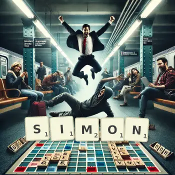 Kreative Illustration für ein Scrabble-Spiel, bei dem das Wort SIMON mit Steinen auf dem Brett gelegt wurde.