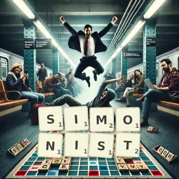 Kreative Illustration für ein Scrabble-Spiel, bei dem das Wort SIMONIST mit Steinen auf dem Brett gelegt wurde.