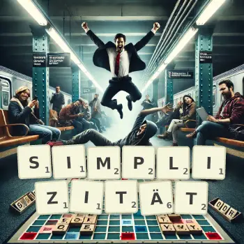 Kreative Illustration für ein Scrabble-Spiel, bei dem das Wort SIMPLIZITÄT mit Steinen auf dem Brett gelegt wurde.