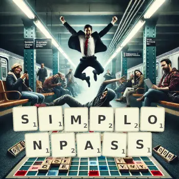 Kreative Illustration für ein Scrabble-Spiel, bei dem das Wort SIMPLONPASS mit Steinen auf dem Brett gelegt wurde.