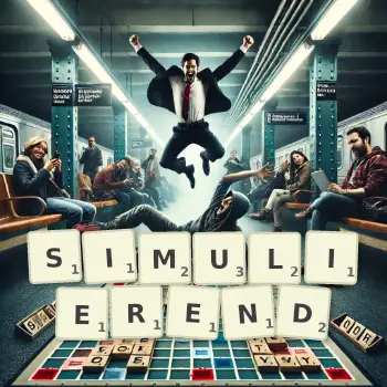 Kreative Illustration für ein Scrabble-Spiel, bei dem das Wort SIMULIEREND mit Steinen auf dem Brett gelegt wurde.