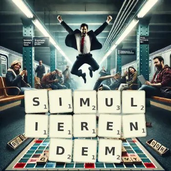 Kreative Illustration für ein Scrabble-Spiel, bei dem das Wort SIMULIERENDEM mit Steinen auf dem Brett gelegt wurde.