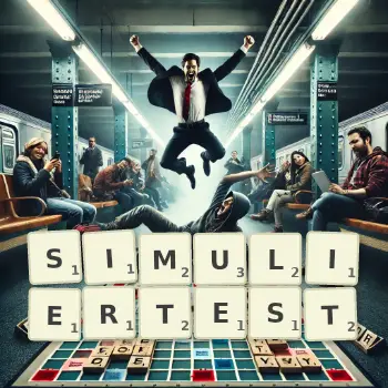 Kreative Illustration für ein Scrabble-Spiel, bei dem das Wort SIMULIERTEST mit Steinen auf dem Brett gelegt wurde.