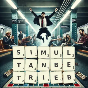 Kreative Illustration für ein Scrabble-Spiel, bei dem das Wort SIMULTANBETRIEB mit Steinen auf dem Brett gelegt wurde.