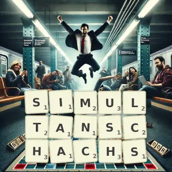 Kreative Illustration für ein Scrabble-Spiel, bei dem das Wort SIMULTANSCHACHS mit Steinen auf dem Brett gelegt wurde.