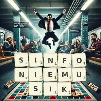 Kreative Illustration für ein Scrabble-Spiel, bei dem das Wort SINFONIEMUSIK mit Steinen auf dem Brett gelegt wurde.