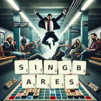 Kreative Illustration für ein Scrabble-Spiel, bei dem das Wort SINGBARES mit Steinen auf dem Brett gelegt wurde.