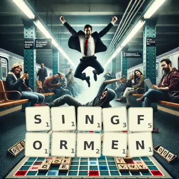 Kreative Illustration für ein Scrabble-Spiel, bei dem das Wort SINGFORMEN mit Steinen auf dem Brett gelegt wurde.