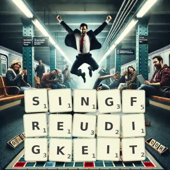 Kreative Illustration für ein Scrabble-Spiel, bei dem das Wort SINGFREUDIGKEIT mit Steinen auf dem Brett gelegt wurde.