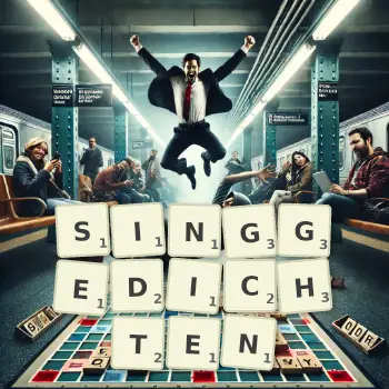 Kreative Illustration für ein Scrabble-Spiel, bei dem das Wort SINGGEDICHTEN mit Steinen auf dem Brett gelegt wurde.
