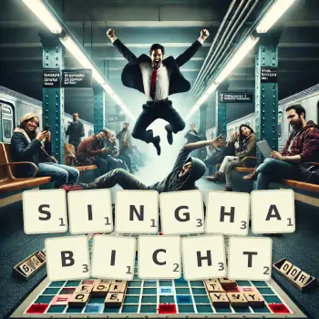 Kreative Illustration für ein Scrabble-Spiel, bei dem das Wort SINGHABICHT mit Steinen auf dem Brett gelegt wurde.