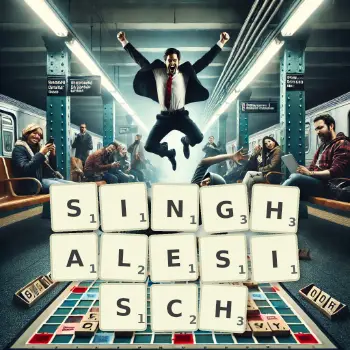 Kreative Illustration für ein Scrabble-Spiel, bei dem das Wort SINGHALESISCH mit Steinen auf dem Brett gelegt wurde.