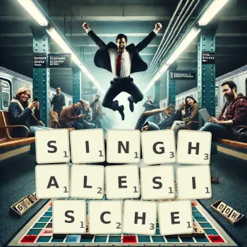 Kreative Illustration für ein Scrabble-Spiel, bei dem das Wort SINGHALESISCHE mit Steinen auf dem Brett gelegt wurde.