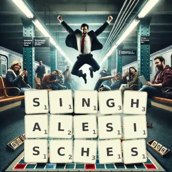 Kreative Illustration für ein Scrabble-Spiel, bei dem das Wort SINGHALESISCHES mit Steinen auf dem Brett gelegt wurde.