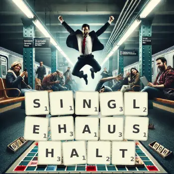 Kreative Illustration für ein Scrabble-Spiel, bei dem das Wort SINGLEHAUSHALT mit Steinen auf dem Brett gelegt wurde.