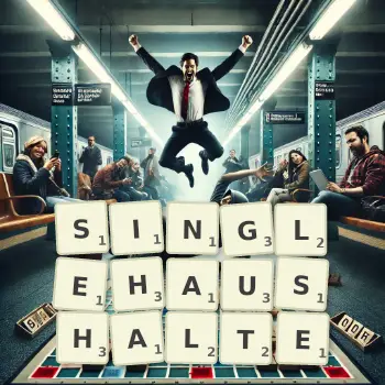 Kreative Illustration für ein Scrabble-Spiel, bei dem das Wort SINGLEHAUSHALTE mit Steinen auf dem Brett gelegt wurde.
