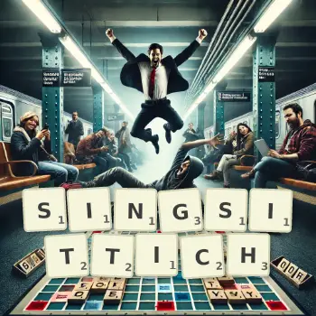 Kreative Illustration für ein Scrabble-Spiel, bei dem das Wort SINGSITTICH mit Steinen auf dem Brett gelegt wurde.