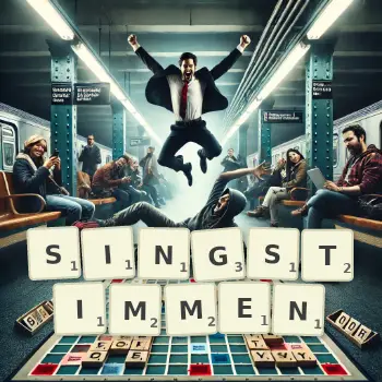 Kreative Illustration für ein Scrabble-Spiel, bei dem das Wort SINGSTIMMEN mit Steinen auf dem Brett gelegt wurde.