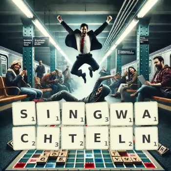 Kreative Illustration für ein Scrabble-Spiel, bei dem das Wort SINGWACHTELN mit Steinen auf dem Brett gelegt wurde.