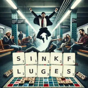 Kreative Illustration für ein Scrabble-Spiel, bei dem das Wort SINKFLUGES mit Steinen auf dem Brett gelegt wurde.