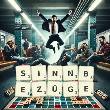 Kreative Illustration für ein Scrabble-Spiel, bei dem das Wort SINNBEZÜGE mit Steinen auf dem Brett gelegt wurde.