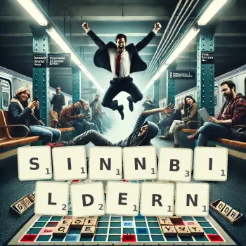 Kreative Illustration für ein Scrabble-Spiel, bei dem das Wort SINNBILDERN mit Steinen auf dem Brett gelegt wurde.