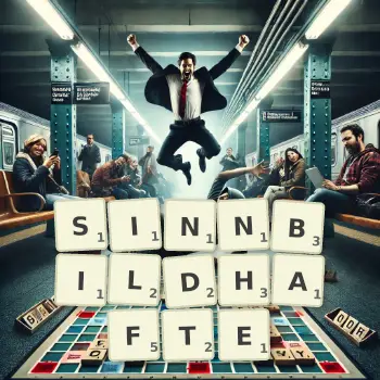 Kreative Illustration für ein Scrabble-Spiel, bei dem das Wort SINNBILDHAFTE mit Steinen auf dem Brett gelegt wurde.