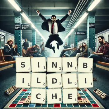 Kreative Illustration für ein Scrabble-Spiel, bei dem das Wort SINNBILDLICHE mit Steinen auf dem Brett gelegt wurde.