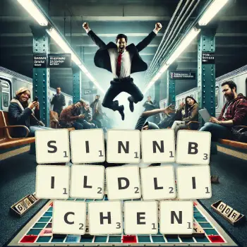 Kreative Illustration für ein Scrabble-Spiel, bei dem das Wort SINNBILDLICHEN mit Steinen auf dem Brett gelegt wurde.