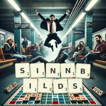 Kreative Illustration für ein Scrabble-Spiel, bei dem das Wort SINNBILDS mit Steinen auf dem Brett gelegt wurde.