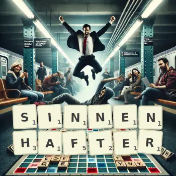 Kreative Illustration für ein Scrabble-Spiel, bei dem das Wort SINNENHAFTER mit Steinen auf dem Brett gelegt wurde.