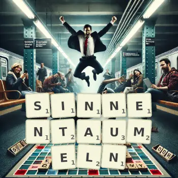 Kreative Illustration für ein Scrabble-Spiel, bei dem das Wort SINNENTAUMELN mit Steinen auf dem Brett gelegt wurde.