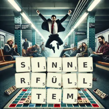 Kreative Illustration für ein Scrabble-Spiel, bei dem das Wort SINNERFÜLLTEM mit Steinen auf dem Brett gelegt wurde.