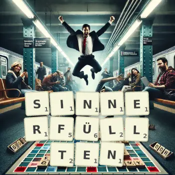 Kreative Illustration für ein Scrabble-Spiel, bei dem das Wort SINNERFÜLLTEN mit Steinen auf dem Brett gelegt wurde.